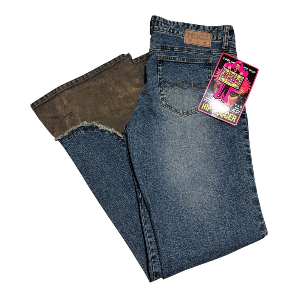 NWT Y2K Mudd Flared Sand Blast Cotton Blend Snap Leg Jeans Women's 11 (34x32.75)